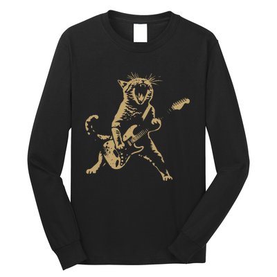 Rock Cat Playing Guitar Funny Guitar Cat Long Sleeve Shirt