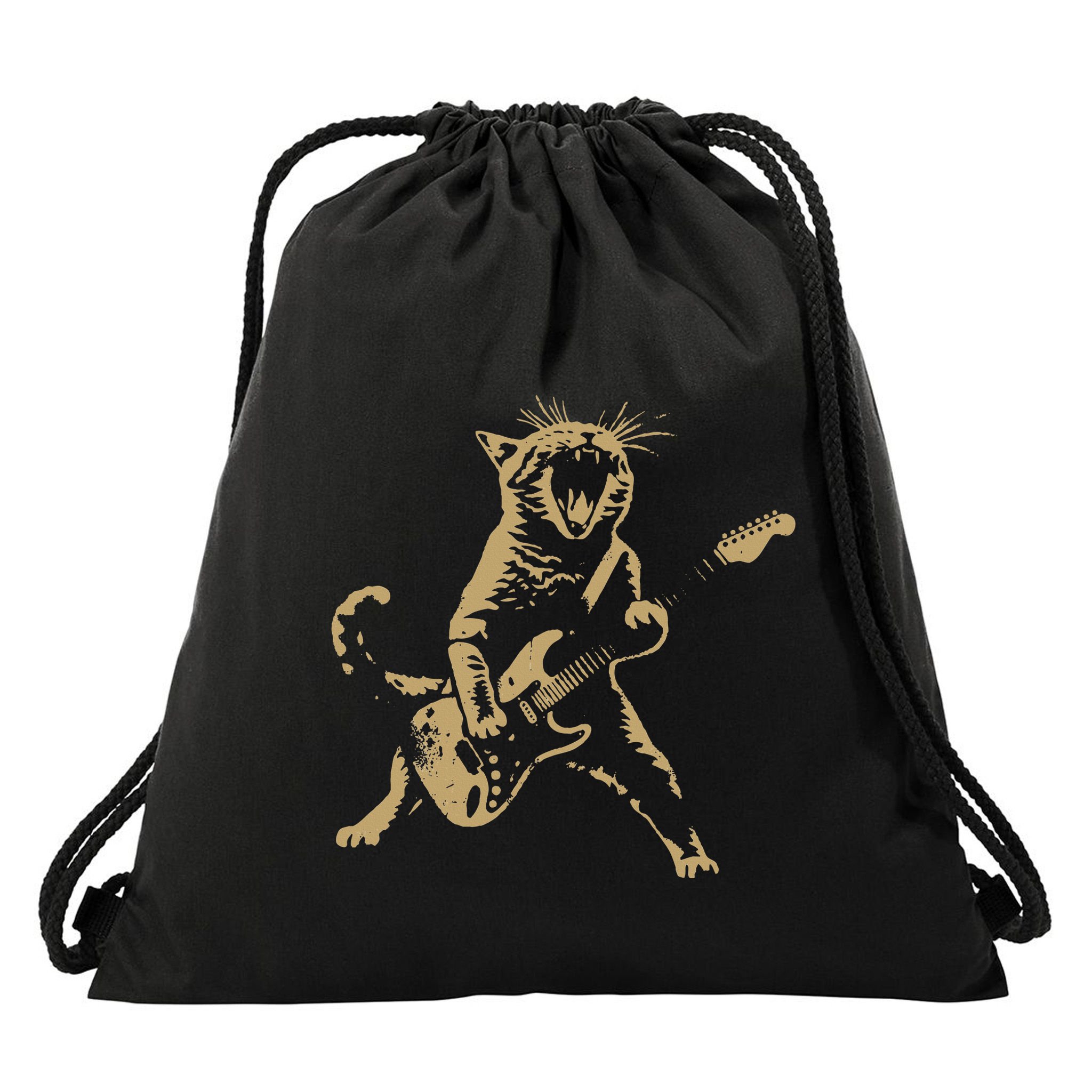 Rock Cat Playing Guitar Funny Guitar Cat Drawstring Bag