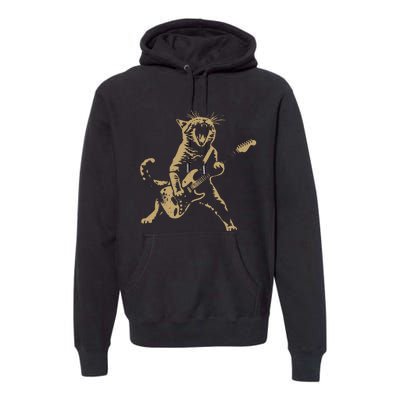 Rock Cat Playing Guitar Funny Guitar Cat Premium Hoodie