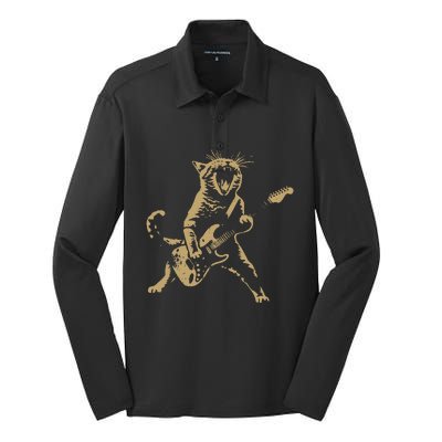 Rock Cat Playing Guitar Funny Guitar Cat Silk Touch Performance Long Sleeve Polo