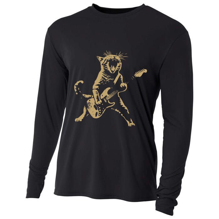Rock Cat Playing Guitar Funny Guitar Cat Cooling Performance Long Sleeve Crew