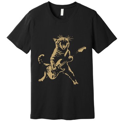 Rock Cat Playing Guitar Funny Guitar Cat Premium T-Shirt