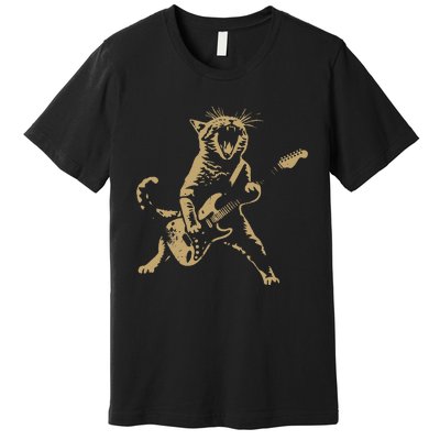 Rock Cat Playing Guitar Funny Guitar Cat Premium T-Shirt