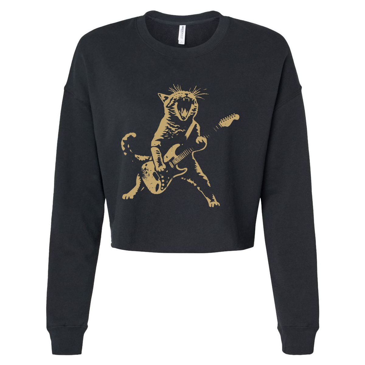 Rock Cat Playing Guitar Funny Guitar Cat Cropped Pullover Crew