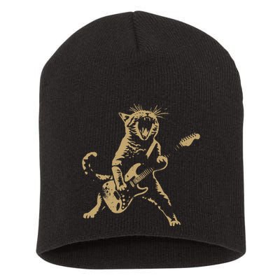 Rock Cat Playing Guitar Funny Guitar Cat Short Acrylic Beanie