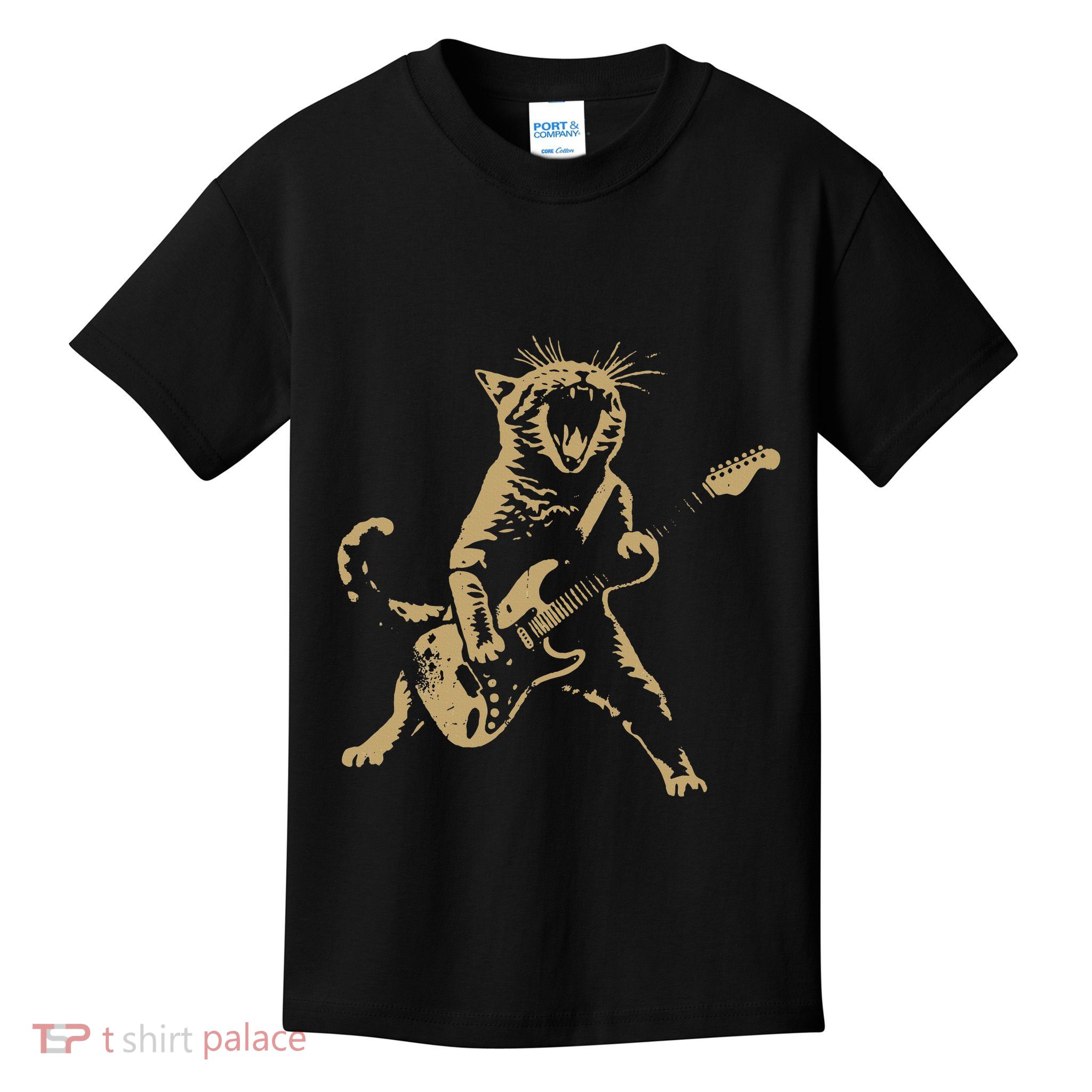 Rock Cat Playing Guitar Funny Guitar Cat Kids T-Shirt