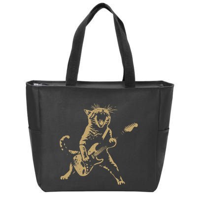 Rock Cat Playing Guitar Funny Guitar Cat Zip Tote Bag