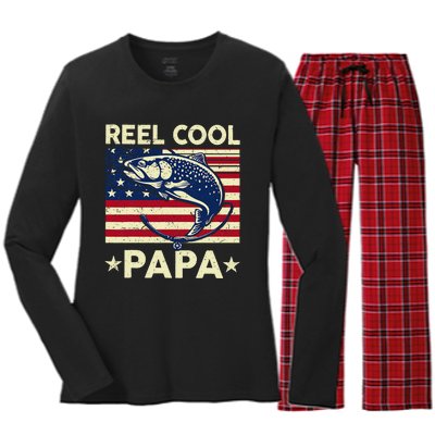 Reel Cool Papa Fathers Day Trout Fishing Gift Dad Grandpa Women's Long Sleeve Flannel Pajama Set 