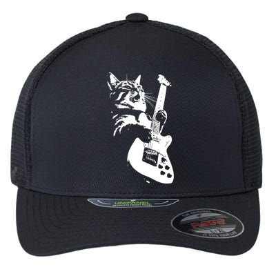 Rock Cat Playing Guitar Funny Guitar Cat Flexfit Unipanel Trucker Cap