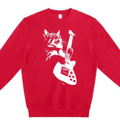 Rock Cat Playing Guitar Funny Guitar Cat Premium Crewneck Sweatshirt