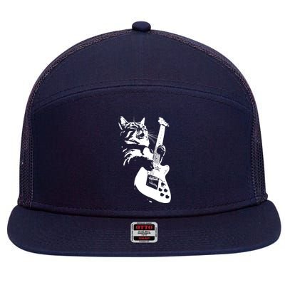 Rock Cat Playing Guitar Funny Guitar Cat 7 Panel Mesh Trucker Snapback Hat