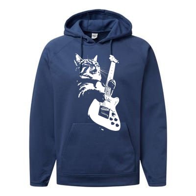 Rock Cat Playing Guitar Funny Guitar Cat Performance Fleece Hoodie