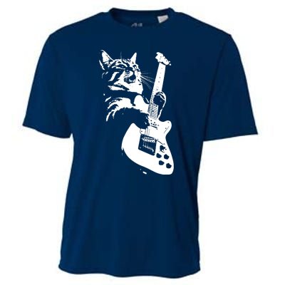 Rock Cat Playing Guitar Funny Guitar Cat Cooling Performance Crew T-Shirt