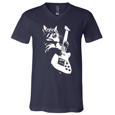 Rock Cat Playing Guitar Funny Guitar Cat V-Neck T-Shirt