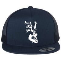 Rock Cat Playing Guitar Funny Guitar Cat Flat Bill Trucker Hat