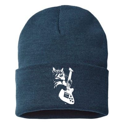 Rock Cat Playing Guitar Funny Guitar Cat Sustainable Knit Beanie