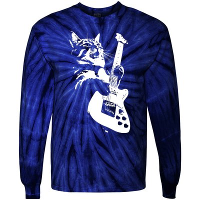 Rock Cat Playing Guitar Funny Guitar Cat Tie-Dye Long Sleeve Shirt