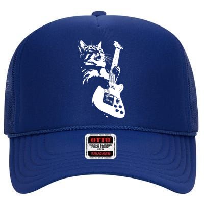 Rock Cat Playing Guitar Funny Guitar Cat High Crown Mesh Back Trucker Hat