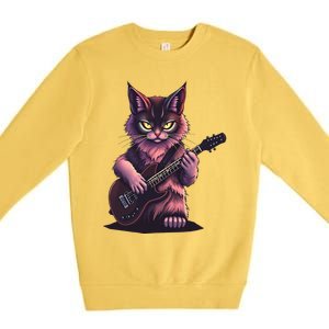 Rock Cat Playing Guitar Funny Guitar Cat Premium Crewneck Sweatshirt