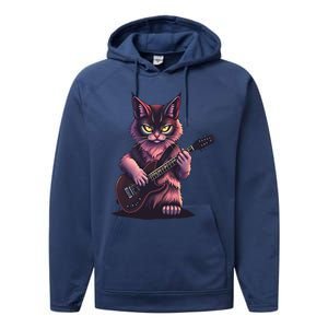 Rock Cat Playing Guitar Funny Guitar Cat Performance Fleece Hoodie