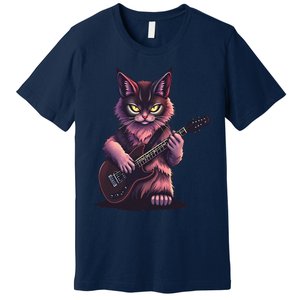 Rock Cat Playing Guitar Funny Guitar Cat Premium T-Shirt