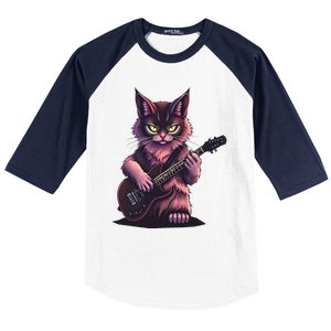 Rock Cat Playing Guitar Funny Guitar Cat Baseball Sleeve Shirt