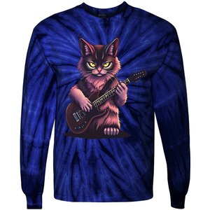 Rock Cat Playing Guitar Funny Guitar Cat Tie-Dye Long Sleeve Shirt