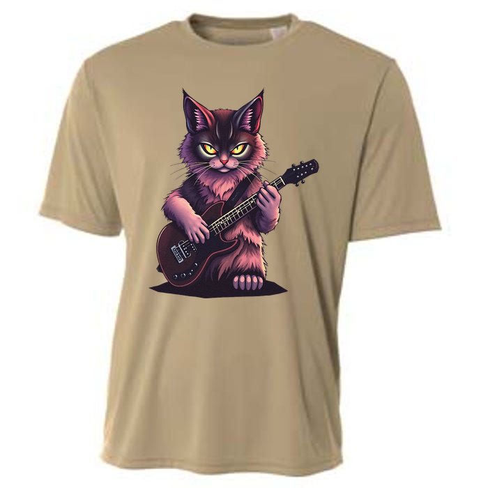 Rock Cat Playing Guitar Funny Guitar Cat Cooling Performance Crew T-Shirt