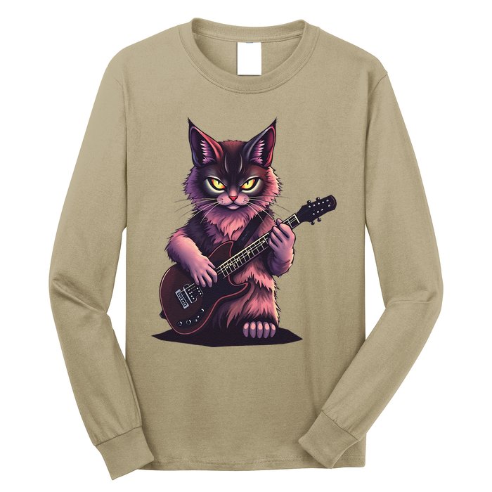 Rock Cat Playing Guitar Funny Guitar Cat Long Sleeve Shirt