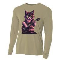 Rock Cat Playing Guitar Funny Guitar Cat Cooling Performance Long Sleeve Crew