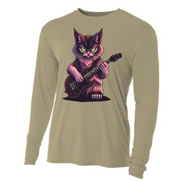 Rock Cat Playing Guitar Funny Guitar Cat Cooling Performance Long Sleeve Crew