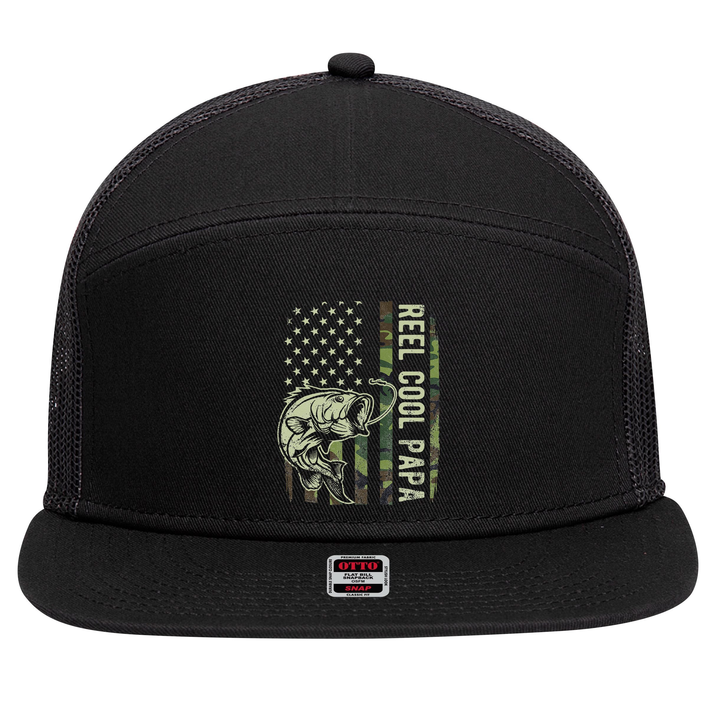 Reel Cool Papa Camouflage American Flag Fathers Day 7 Panel Mesh Trucker Snapback Hat