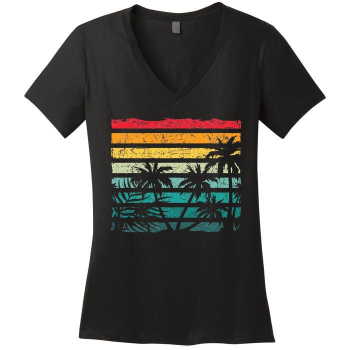 Retro Coconut Palm Trees Beach Exotic Tropical Summer Women's V-Neck T-Shirt