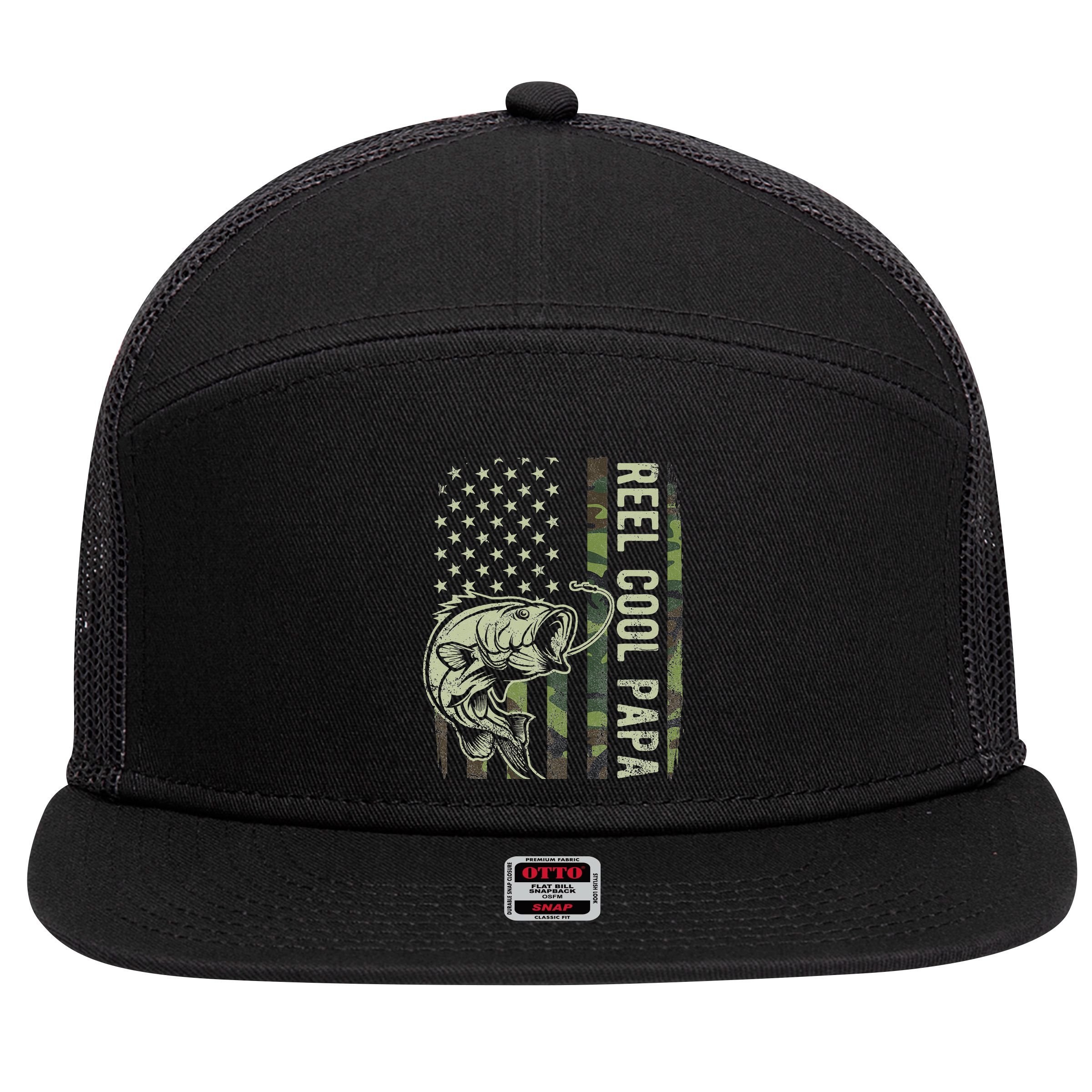 Reel Cool Papa Camouflage American Flag Fathers Day 7 Panel Mesh Trucker Snapback Hat