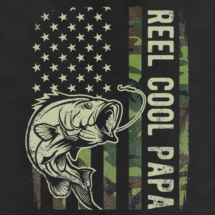 Reel Cool Papa Camouflage American Flag Fathers Day 7 Panel Mesh Trucker Snapback Hat