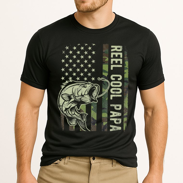 Reel Cool Papa Camouflage American Flag Fathers Day Cooling Performance Crew T-Shirt
