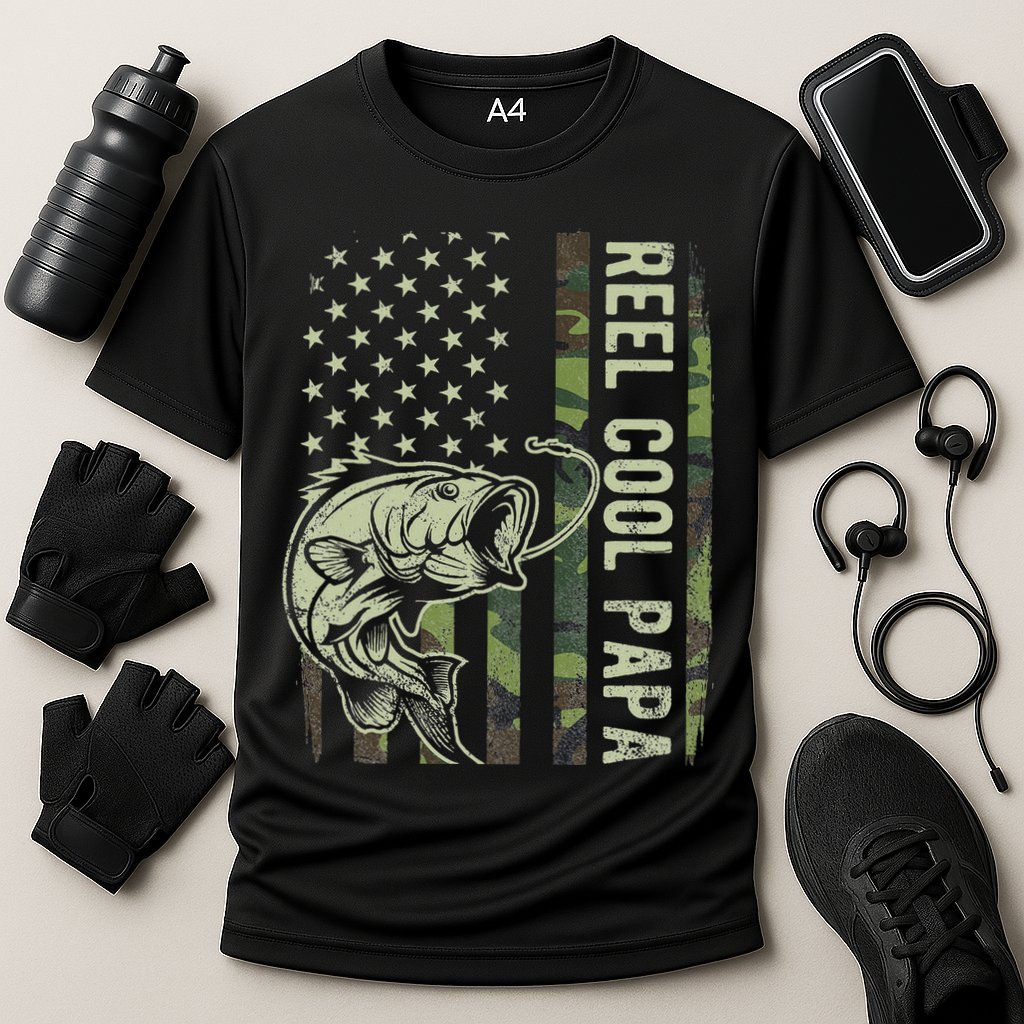 Reel Cool Papa Camouflage American Flag Fathers Day Cooling Performance Crew T-Shirt