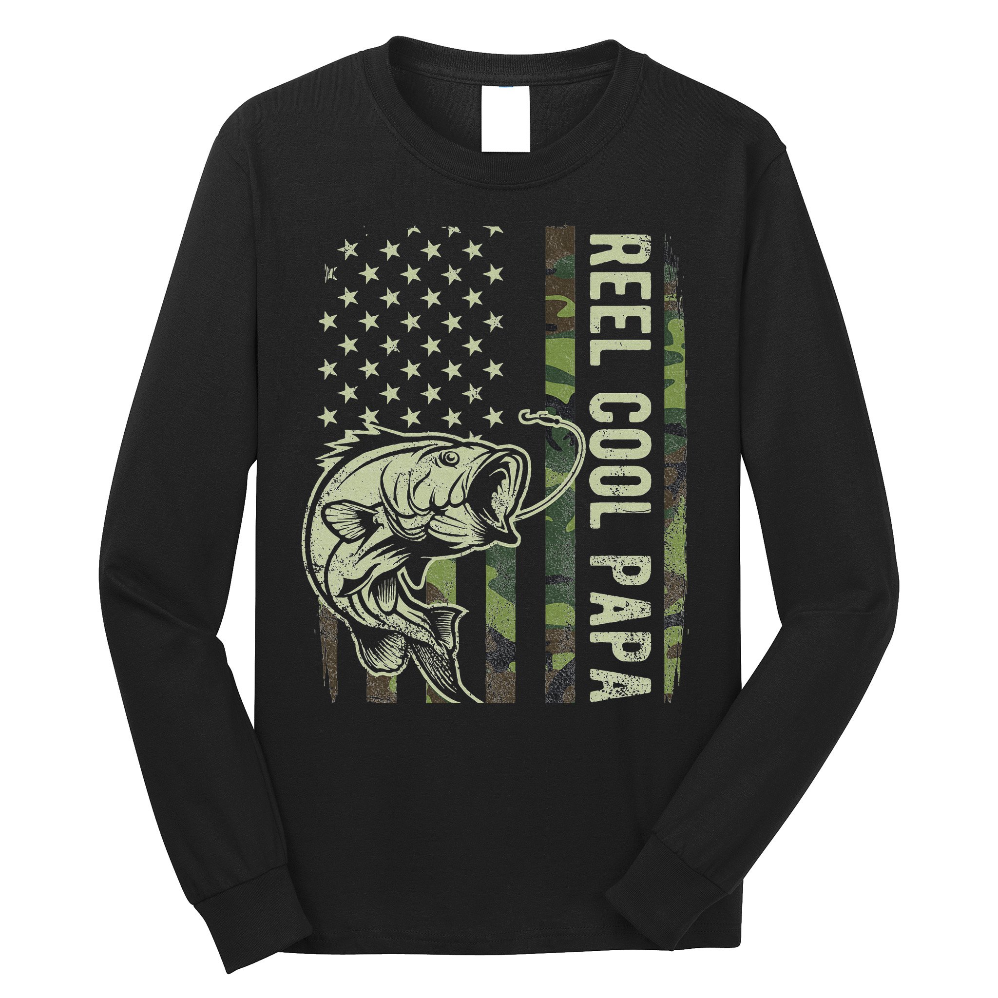 Reel Cool Papa Camouflage American Flag Fathers Day Long Sleeve Shirt