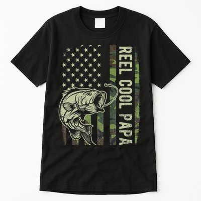 Reel Cool Papa Camouflage American Flag Fathers Day Tall T-Shirt