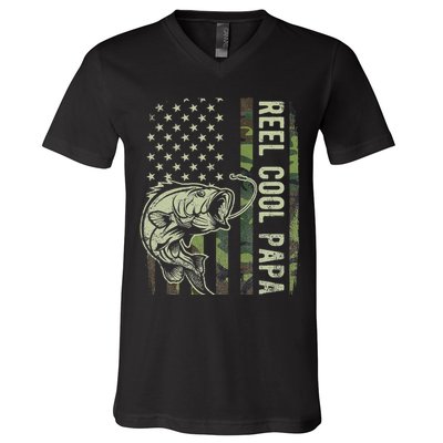 Reel Cool Papa Camouflage American Flag Fathers Day V-Neck T-Shirt