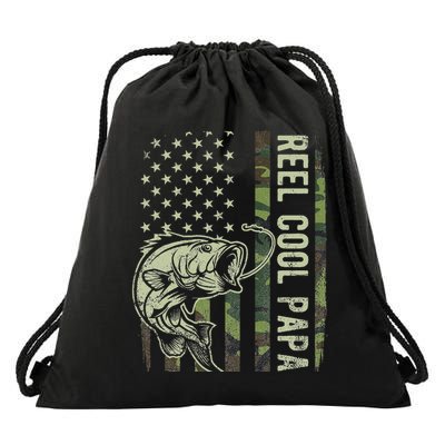 Reel Cool Papa Camouflage American Flag Fathers Day Drawstring Bag