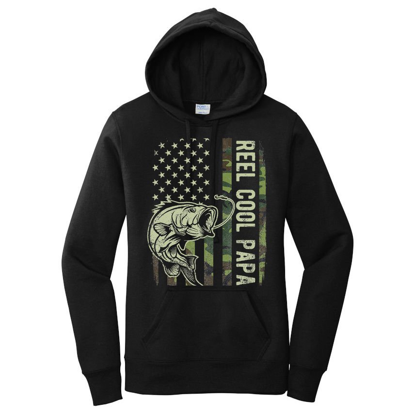 Reel Cool Papa Camouflage American Flag Fathers Day Women's Pullover Hoodie