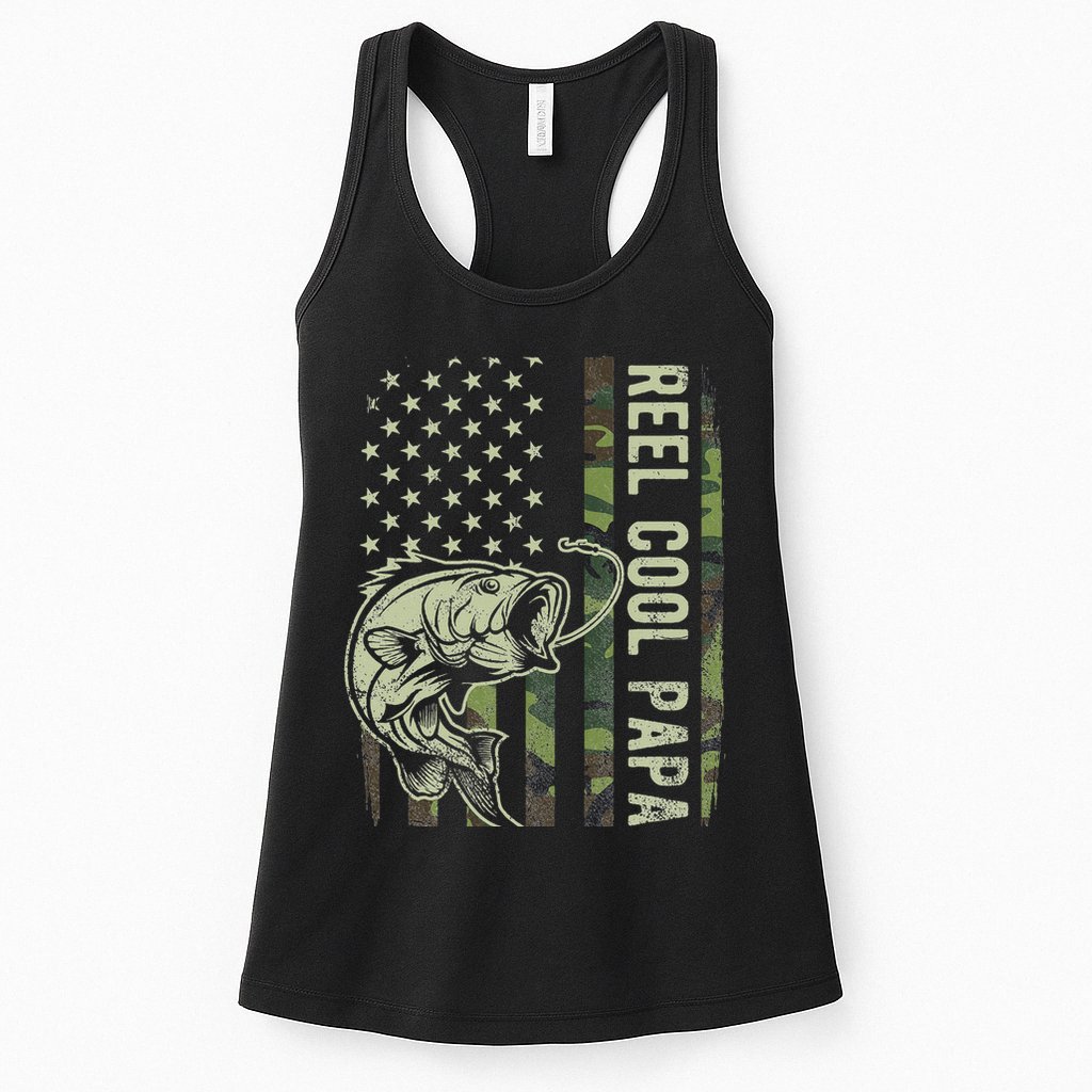 Reel Cool Papa Camouflage American Flag Fathers Day Womens Tank Top