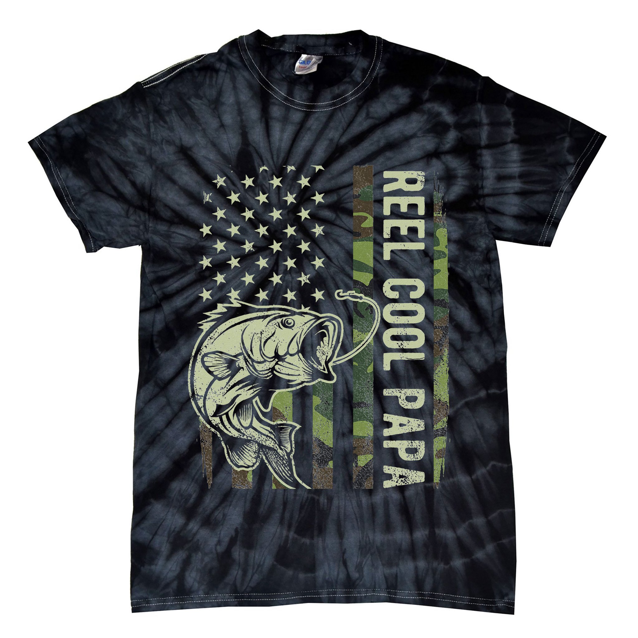 Reel Cool Papa Camouflage American Flag Fathers Day Tie-Dye T-Shirt