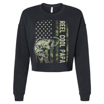 Reel Cool Papa Camouflage American Flag Fathers Day Cropped Pullover Crew