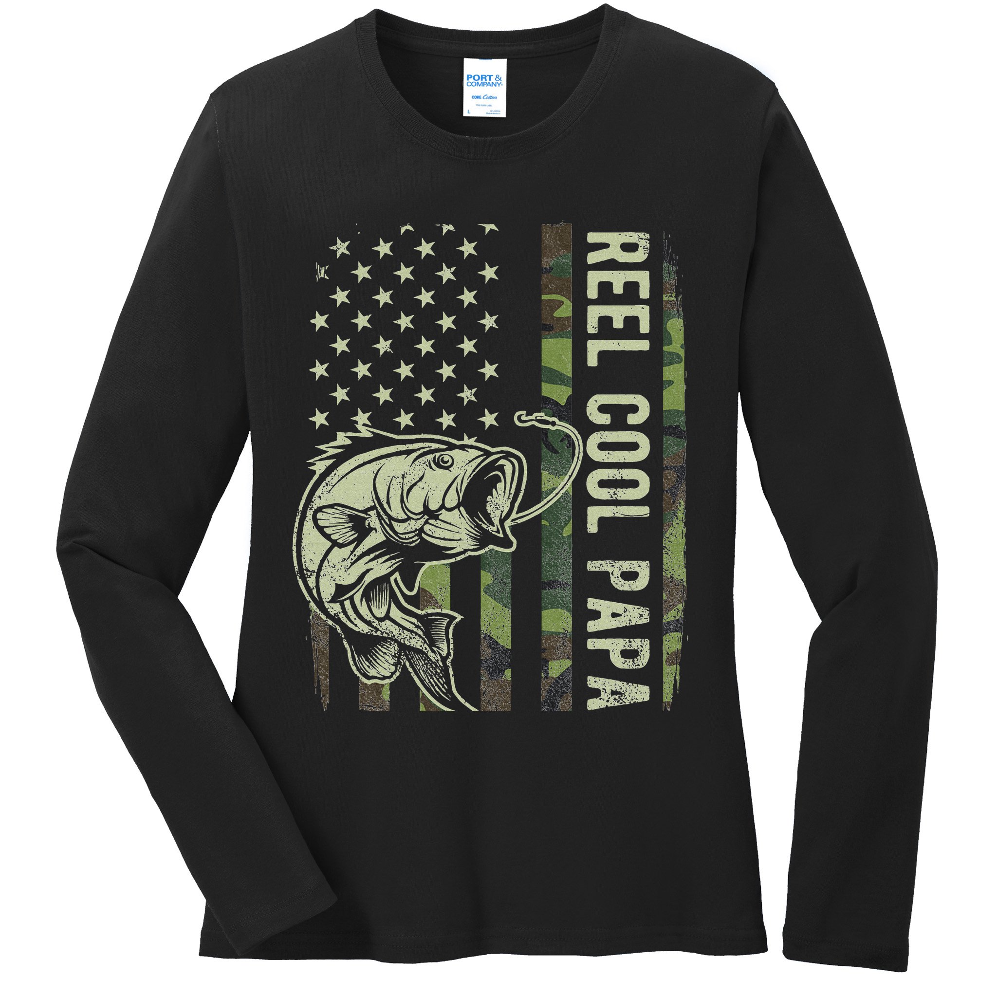 Reel Cool Papa Camouflage American Flag Fathers Day Ladies Long Sleeve Shirt