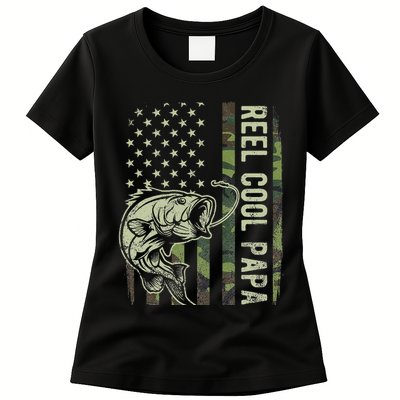 Reel Cool Papa Camouflage American Flag Fathers Day Womens T-Shirt