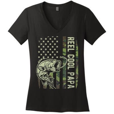 Reel Cool Papa Camouflage American Flag Fathers Day Women's V-Neck T-Shirt