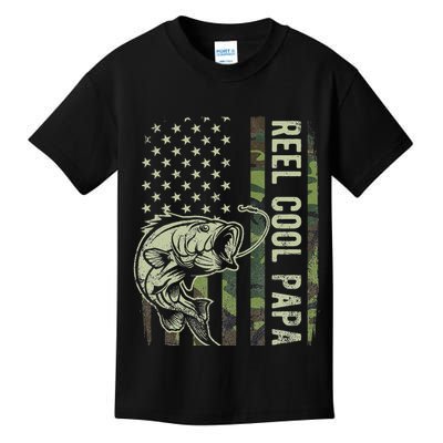 Reel Cool Papa Camouflage American Flag Fathers Day Kids T-Shirt