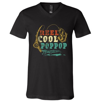 Reel Cool PopPop Vintage Fishing Funny Grandpa Fisherman V-Neck T-Shirt